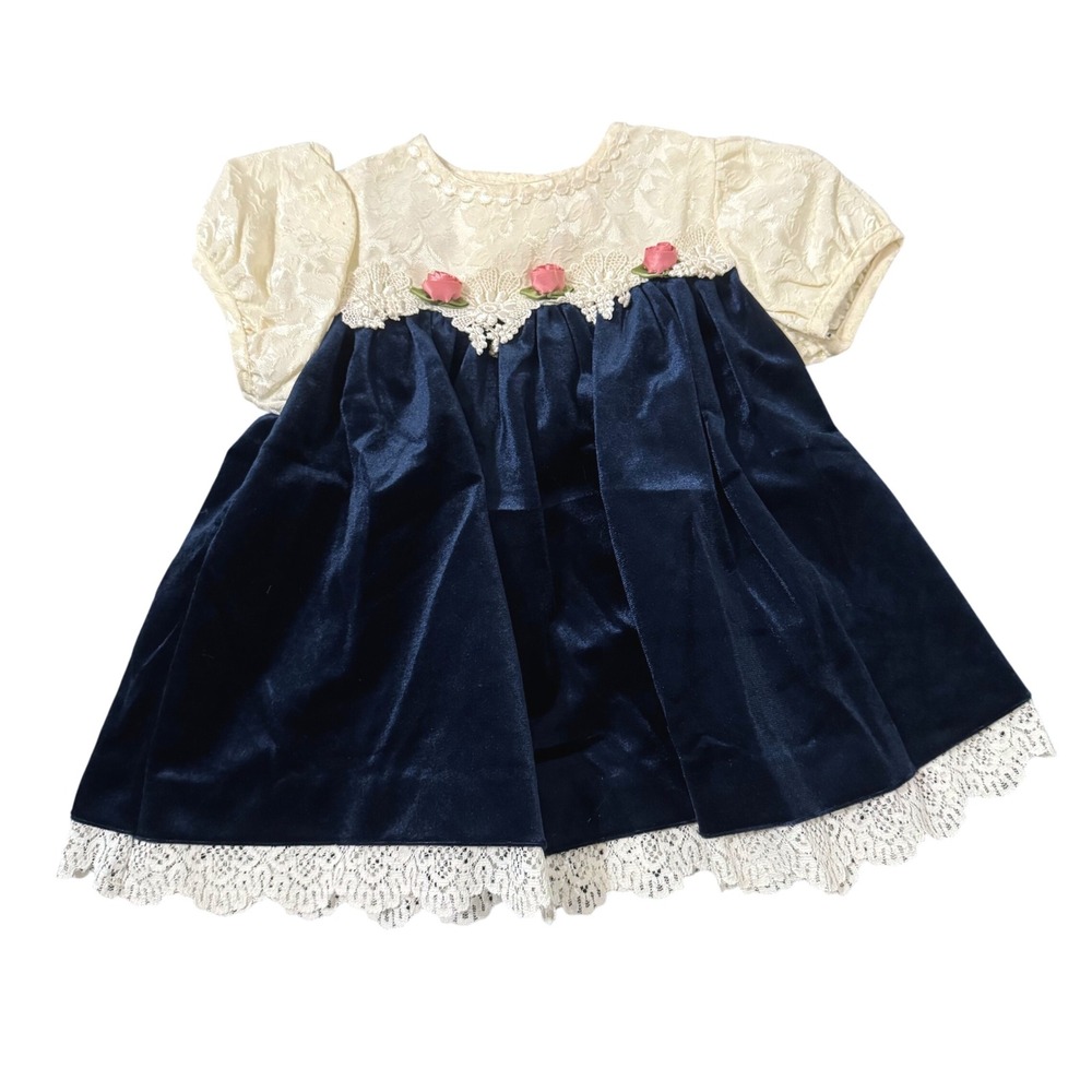 VTG Bonnie Baby Dress 12 Mths Blue Velvet Lace Roses Cottagecore USA Made Party